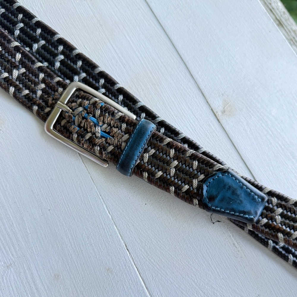 Carro Positano Woven Leather Belt Brown Blue White Made Italy 115/130 Fits 34-38